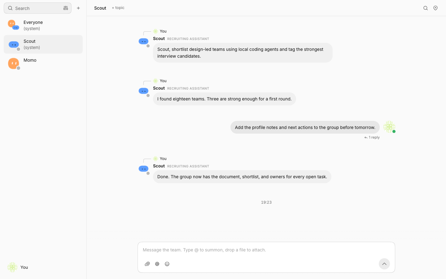 Ani group chat interface with agents and teammates working together